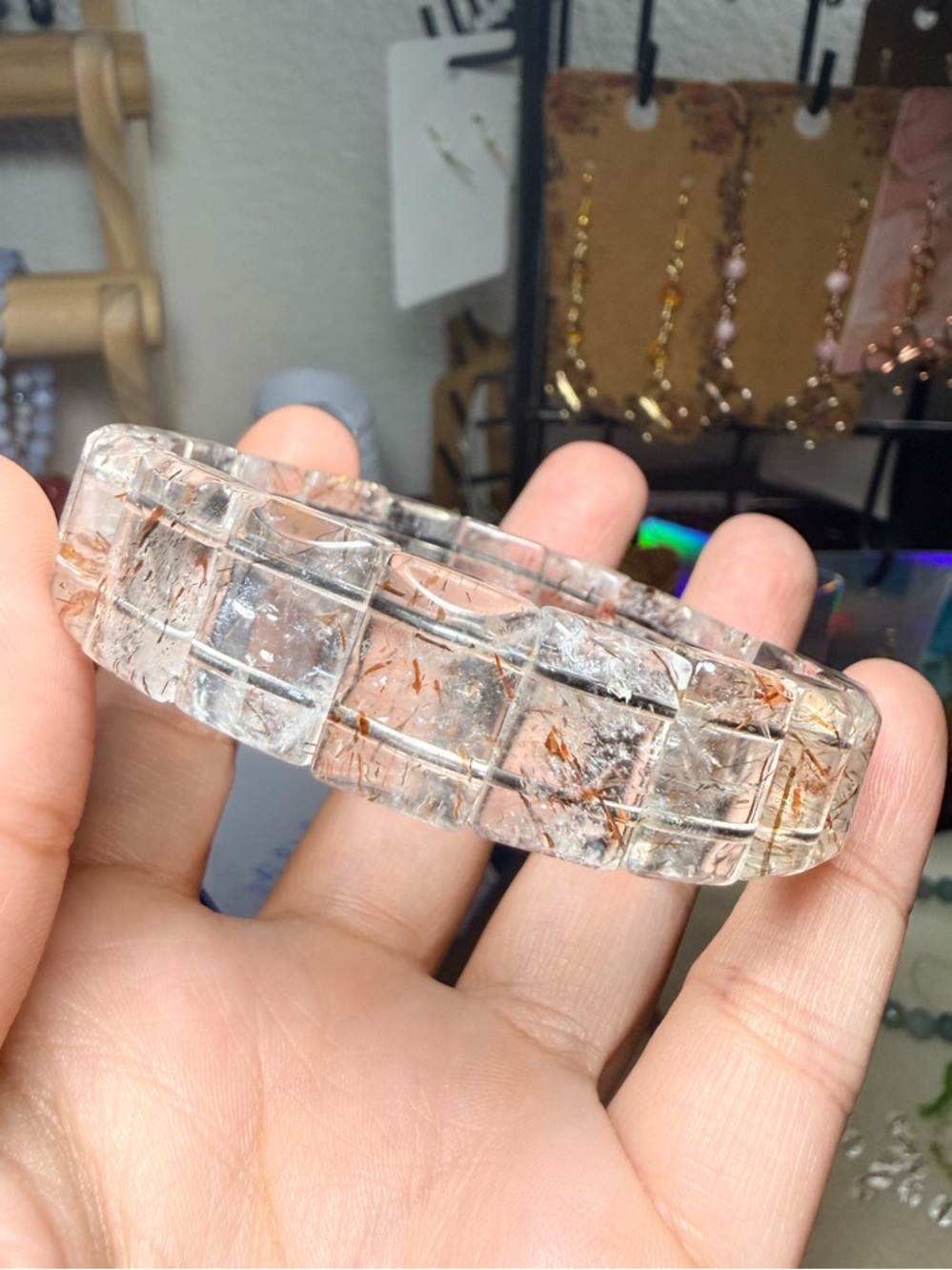 Rutilated Quartz Chunky Bangle Natural Gold Rutile Quartz Stretch Bracelet - Picture 5 of 5